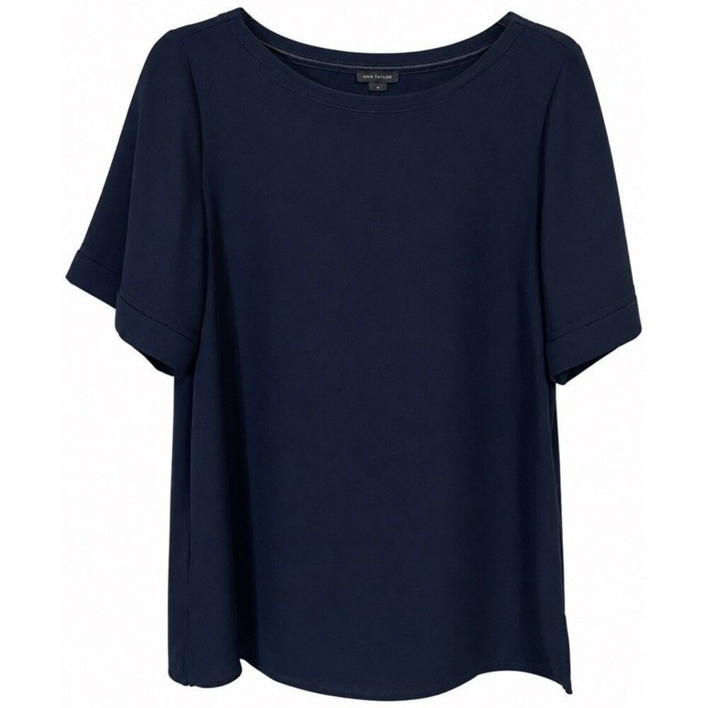 Ann Taylor Women’s M Navy Blue Short Sleeve Blouse Ladder Trim Career Minimalist